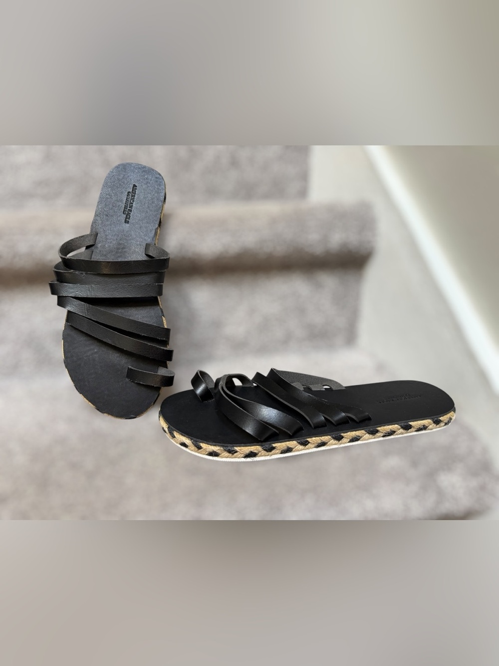 NEW American Eagle Black Strappy Slide Sandals Espadrille Boho Resort Flip Flops